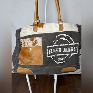 Myra Bag Large Canvas Tote with Brown Leather and Hide Accents